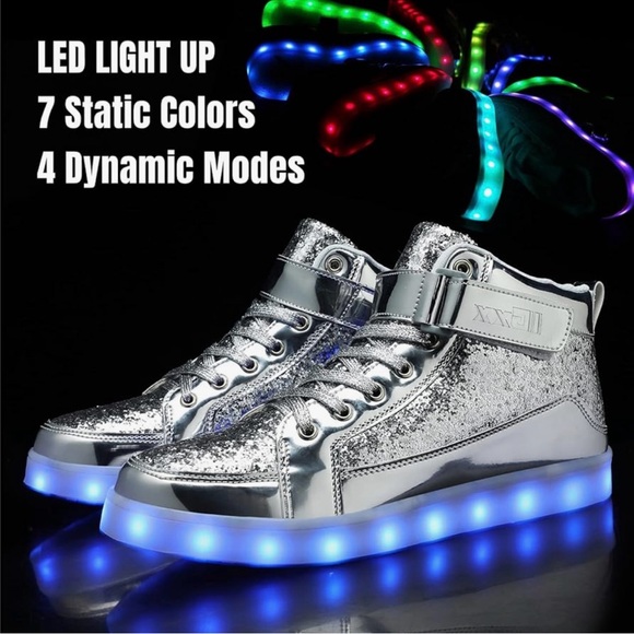 Silver glittery LED multicolor light up unisex high top sneakers size 37/US 6.5 - Picture 2 of 5